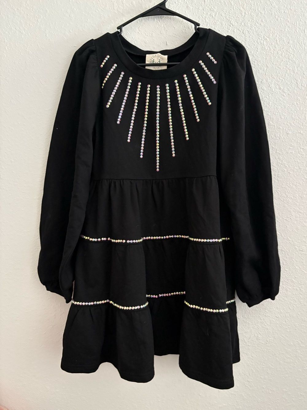 Fantastic Fawn Black Rhinestone Dress, Small, Balloon Sleeve, POCKETS!